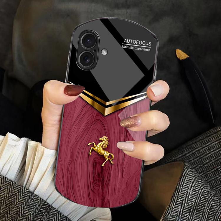 For iPhone 16 Wood Texture Golden Horse Pattern TPU + PC + Tempered Glass Phone Case(Red)