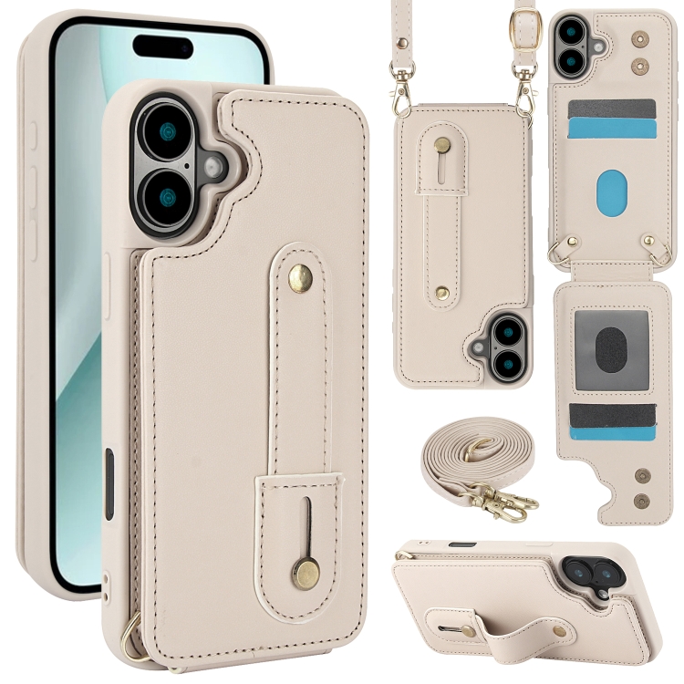 For iPhone 16 Wristband Vertical Flip Wallet Back Cover Phone Case with Long Lanyard(White)
