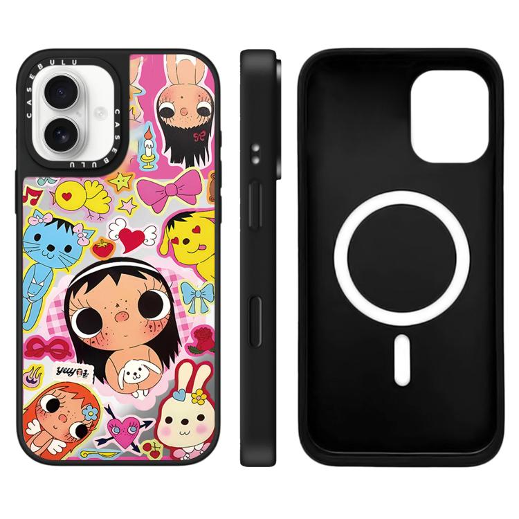 For iPhone 16 YUY Series Pattern Mirror Magnetic Phone Case(YUY Heart Bow)