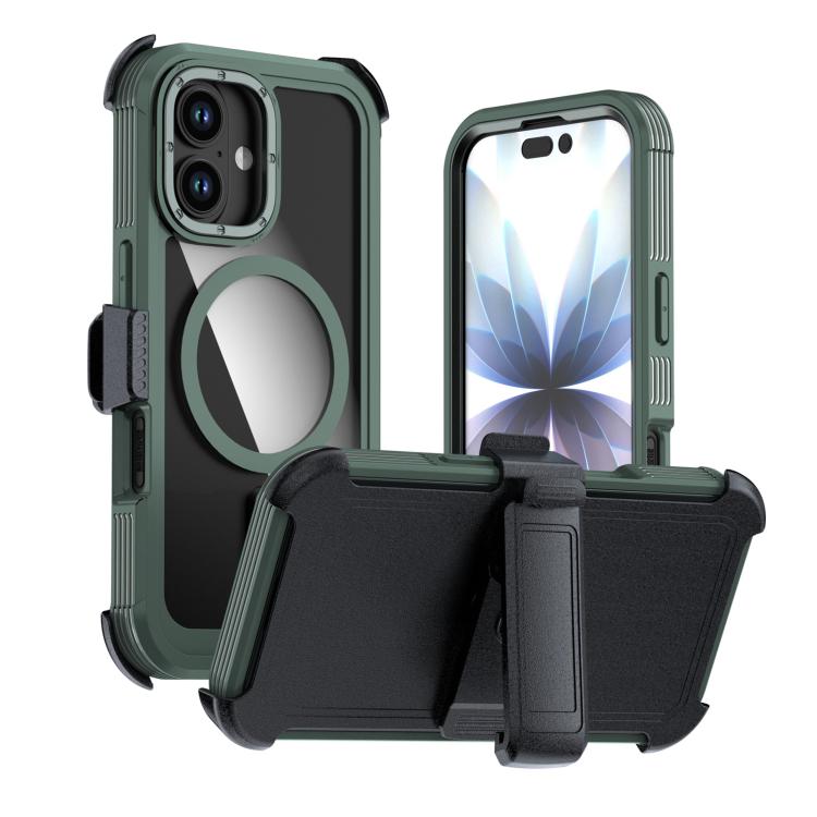 For iPhone 17 Acrylic Full Coverage Magnetic Phone Case with Back Clip(Dark Green)