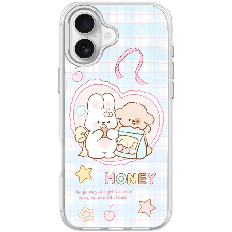For iPhone 17 Adorable Love Rabbit Pattern Magnetic Phone Case(Transparent White)