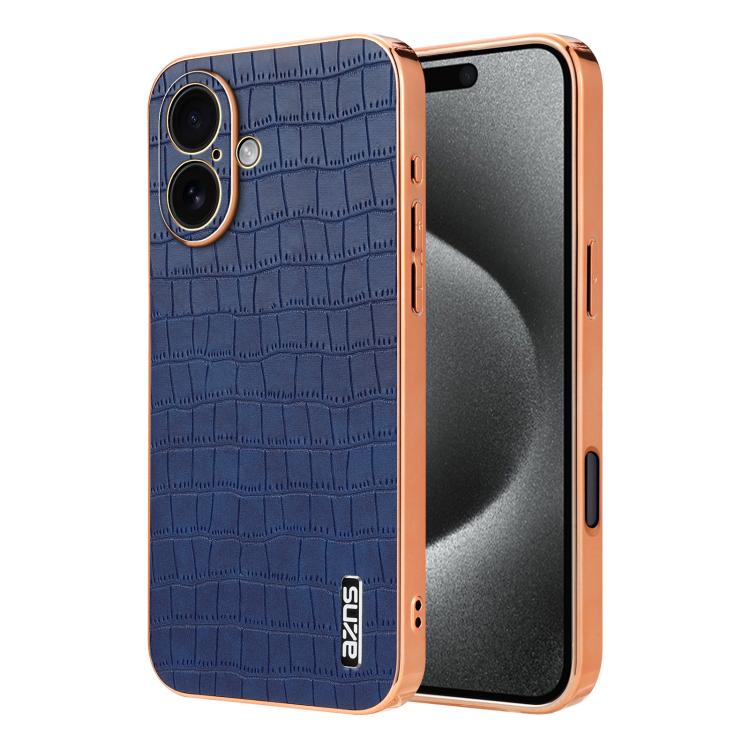 For iPhone 17 AZNS Electroplated Frame Crocodile Texture Full Coverage Phone Case(Blue)