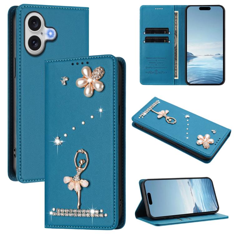 For iPhone 17 Ballet Girl Diamond Studded RFID Vegan Leather Phone Case(Lake Blue)