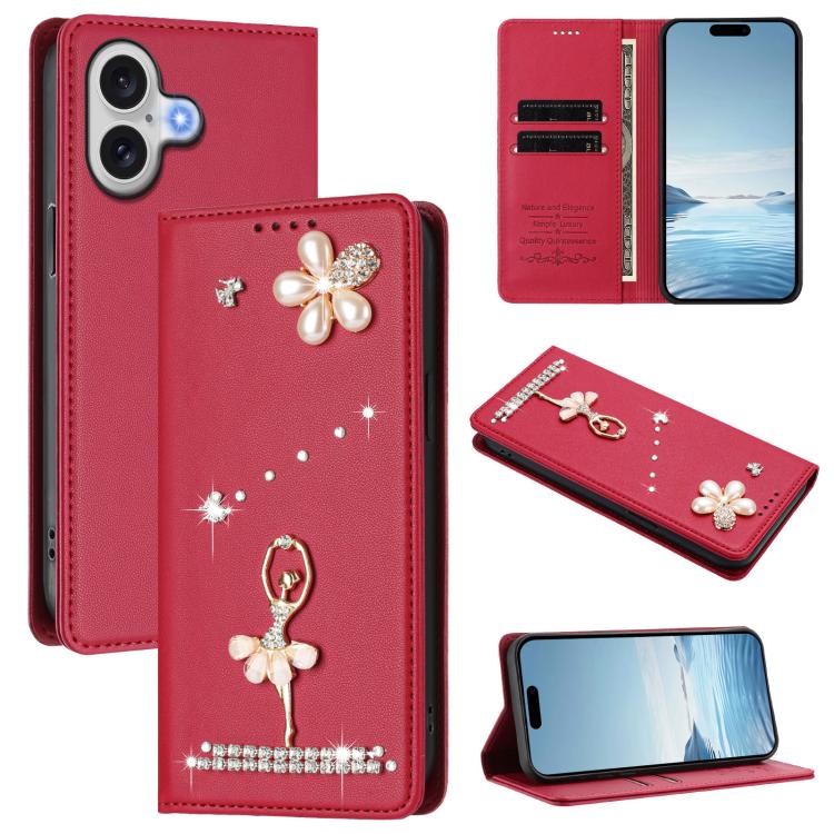 For iPhone 17 Ballet Girl Diamond Studded RFID Vegan Leather Phone Case(Wine Red)