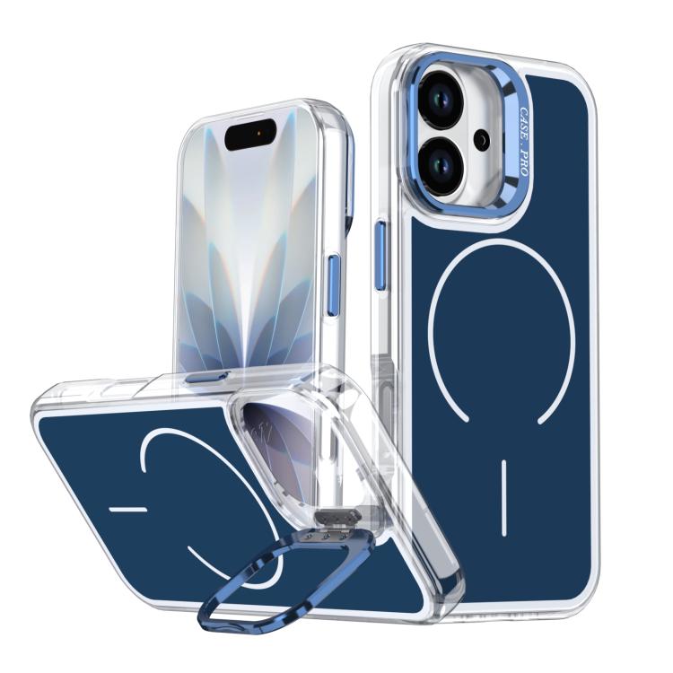 For iPhone 17 Bright Color Blocking Camera Bracket Magnetic Phone Case(Blue)