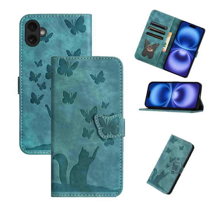 For iPhone 17 Butterfly Cat Embossing Flip Leather Phone Case(Wathet)