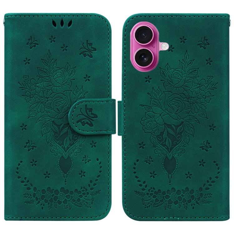 For iPhone 17 Butterfly Rose Embossed Leather Phone Case(Green)