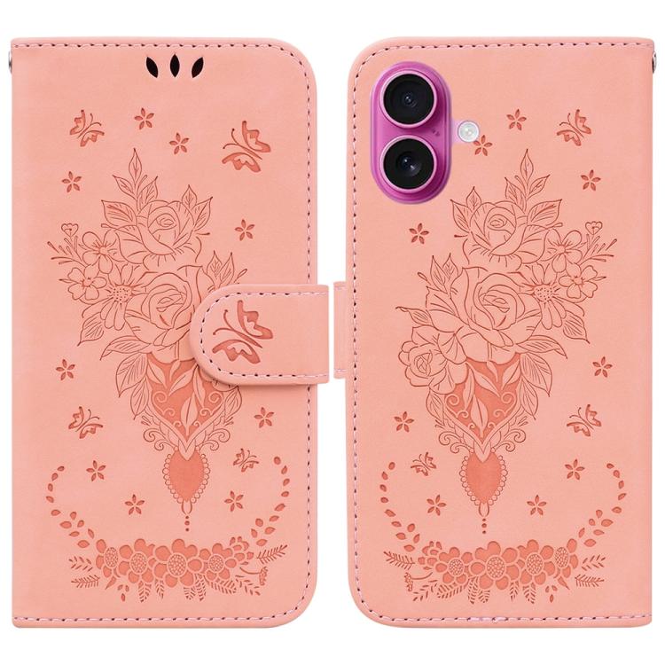 For iPhone 17 Butterfly Rose Embossed Leather Phone Case(Pink)