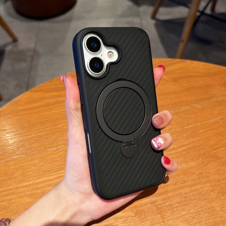 For iPhone 17 Carbon Fiber MagSafe 360 Degree Rotating Holder Phone Case(Black)