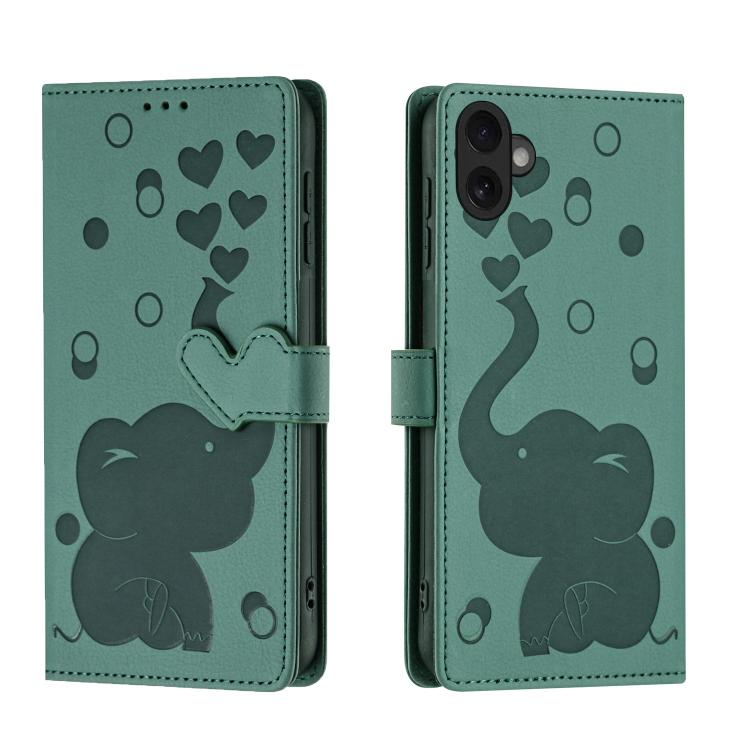 For iPhone 17 Cartoon Elephant Embossed Leather Phone Case(Green)