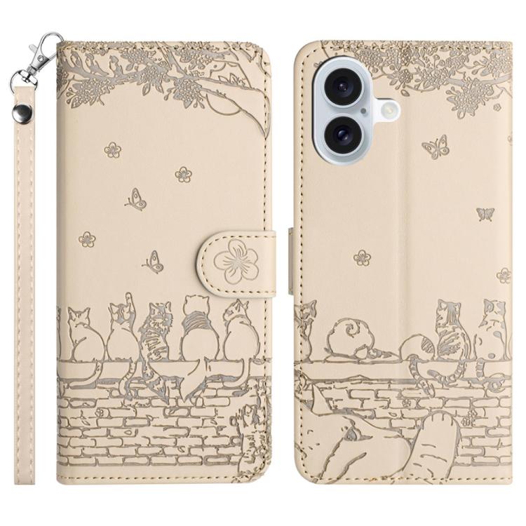 For iPhone 17 Cat Embossing Pattern Leather Phone Case with Lanyard(Beige)