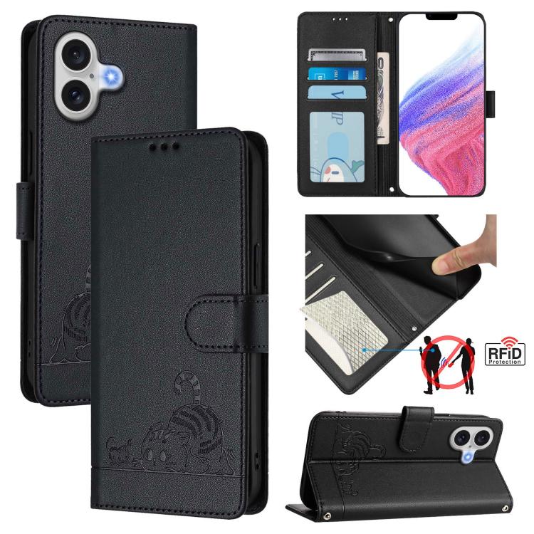 For iPhone 17 Cat Rat Embossed Pattern RFID Leather Phone Case with Lanyard(Black)