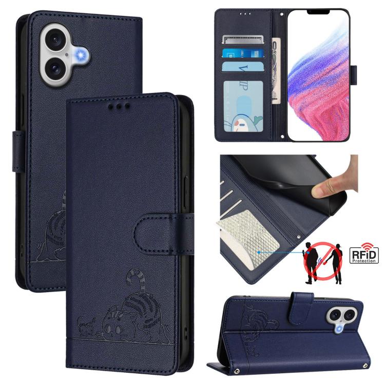 For iPhone 17 Cat Rat Embossed Pattern RFID Leather Phone Case with Lanyard(Blue)