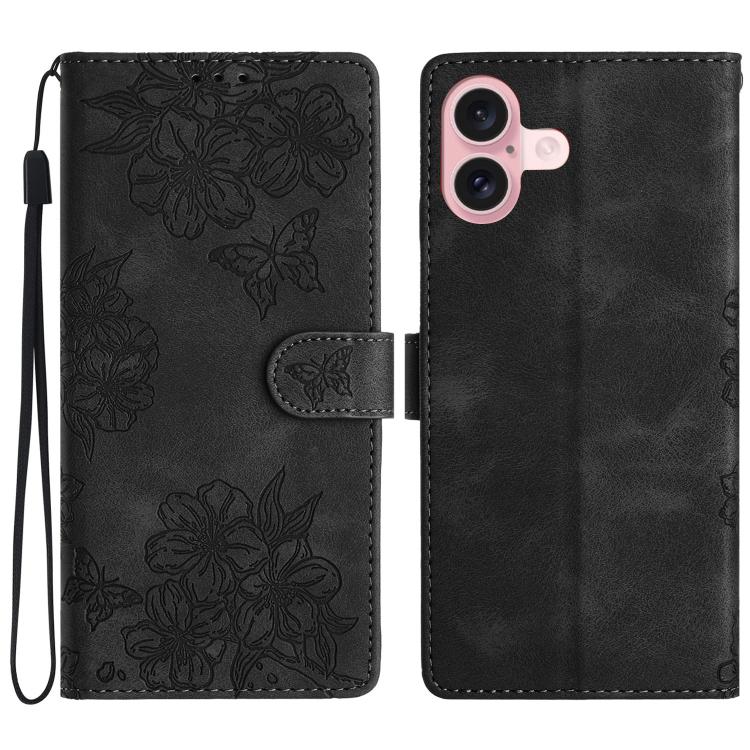 For iPhone 17 Cherry Blossom Butterfly Skin Feel Embossed PU Phone Case(Black)