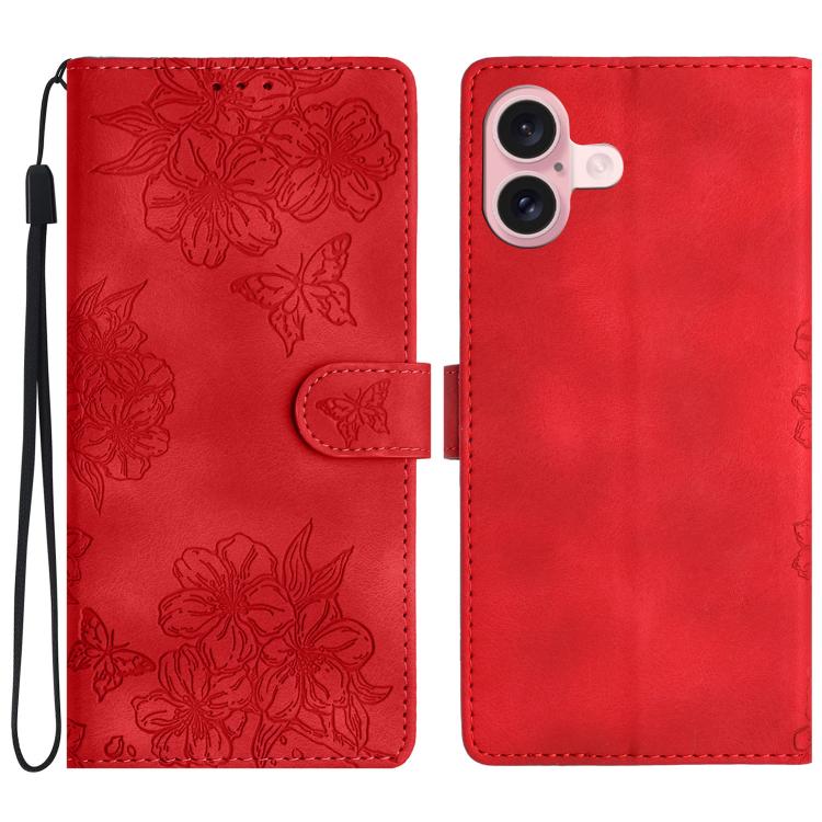For iPhone 17 Cherry Blossom Butterfly Skin Feel Embossed PU Phone Case(Red)