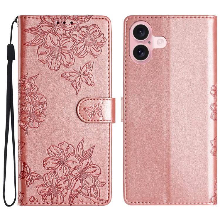 For iPhone 17 Cherry Blossom Butterfly Skin Feel Embossed PU Phone Case(Rose Gold)