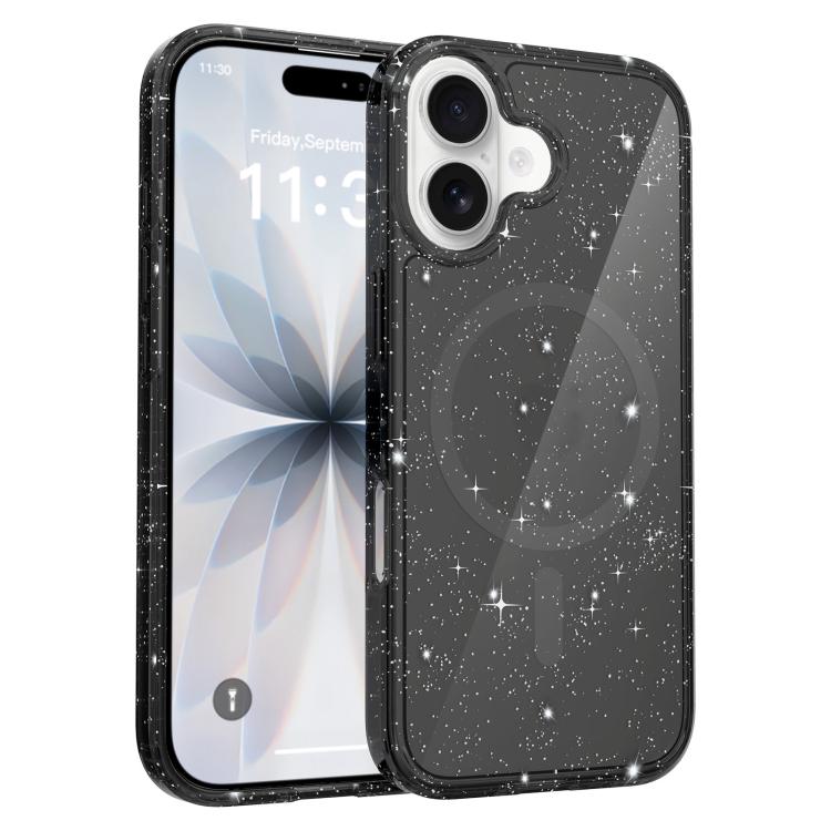 For iPhone 17 Clear Glitter Magnetic PC Hybrid TPU Phone Case(Black)