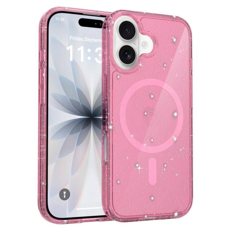 For iPhone 17 Clear Glitter Magnetic PC Hybrid TPU Phone Case(Pink)