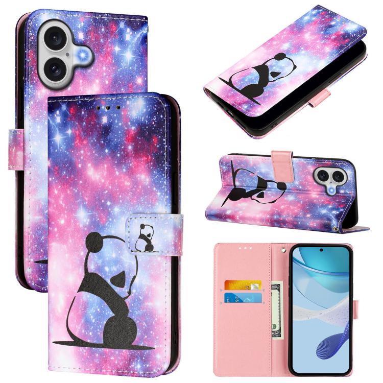 For iPhone 17 Colored Drawing Pattern Plain Weave Leather Phone Case(Baby Panda)