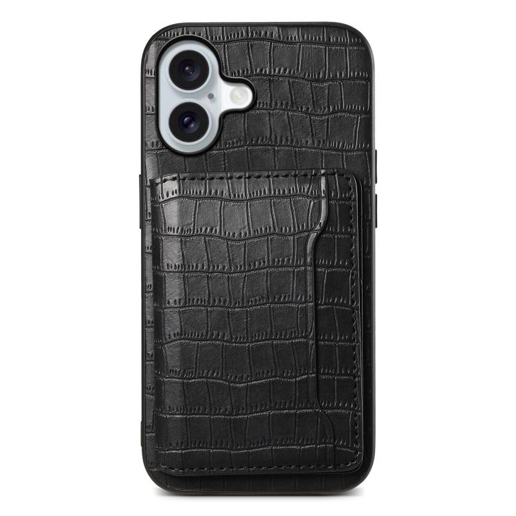 For iPhone 17 Crocodile Texture Card Bag Design Full Coverage Phone Case(Black)