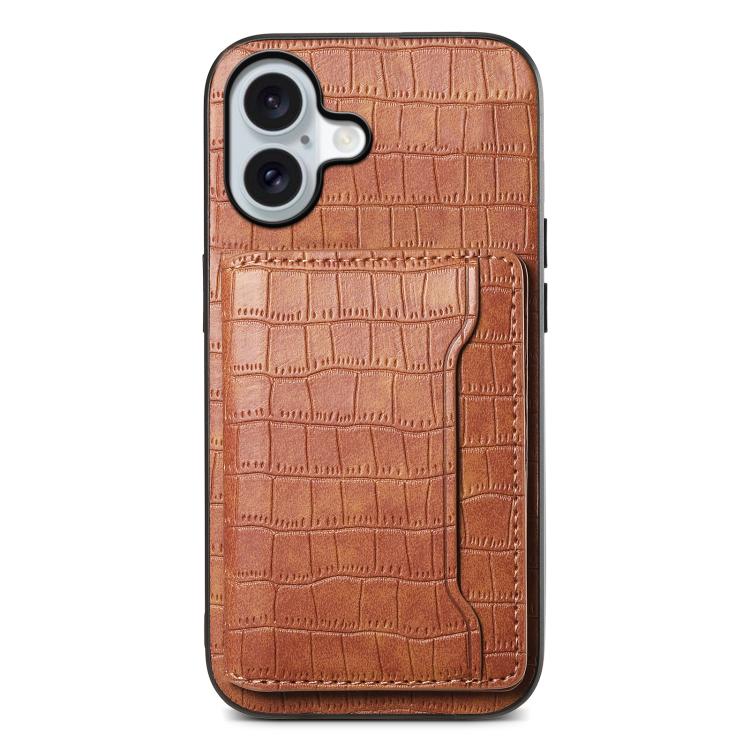 For iPhone 17 Crocodile Texture Card Bag Design Full Coverage Phone Case(Brown)