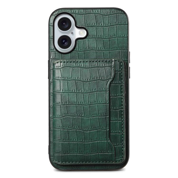 For iPhone 17 Crocodile Texture Card Bag Design Full Coverage Phone Case(Green)