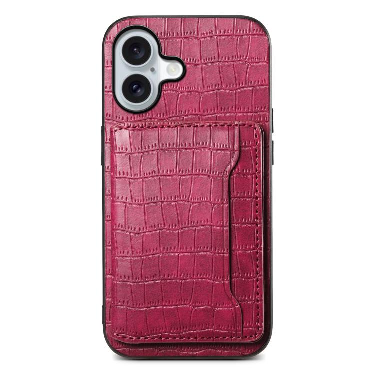 For iPhone 17 Crocodile Texture Card Bag Design Full Coverage Phone Case(Red)