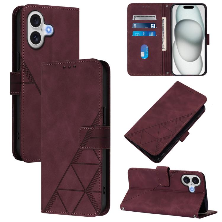 For iPhone 17 Crossbody 3D Embossed Flip Leather Phone Case(Wine Red)