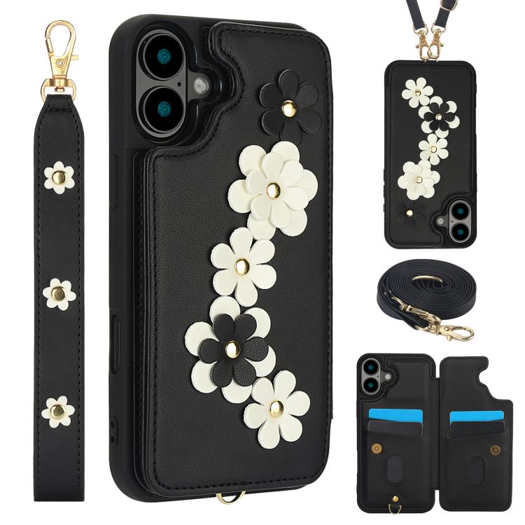 For iPhone 17 Crossbody Flower Pattern Leather Phone Case(Black)