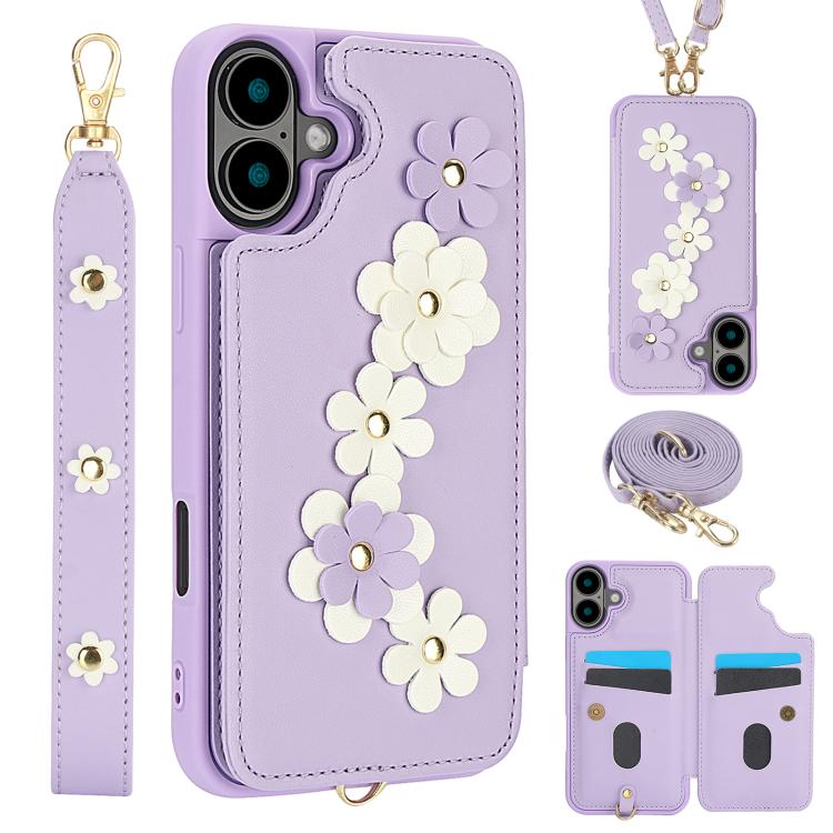 For iPhone 17 Crossbody Flower Pattern Leather Phone Case(Purple)