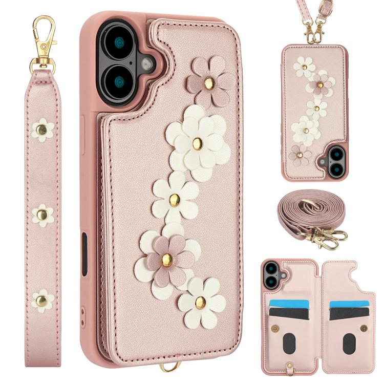 For iPhone 17 Crossbody Flower Pattern Leather Phone Case(Rose Gold)