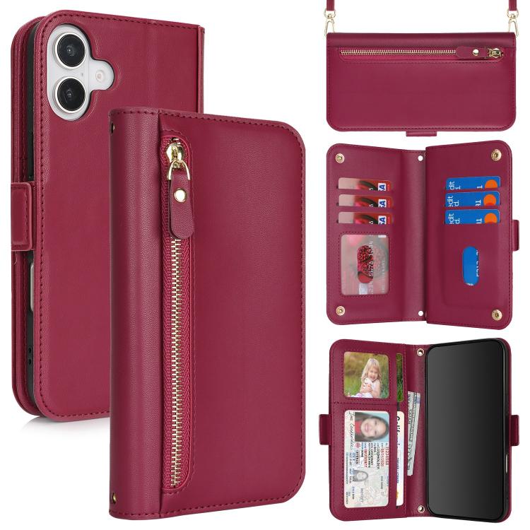 For iPhone 17 Crossbody Front Zipper Multi-Card Wallet Bag Vegan Leather Phone Case(Dark Red)