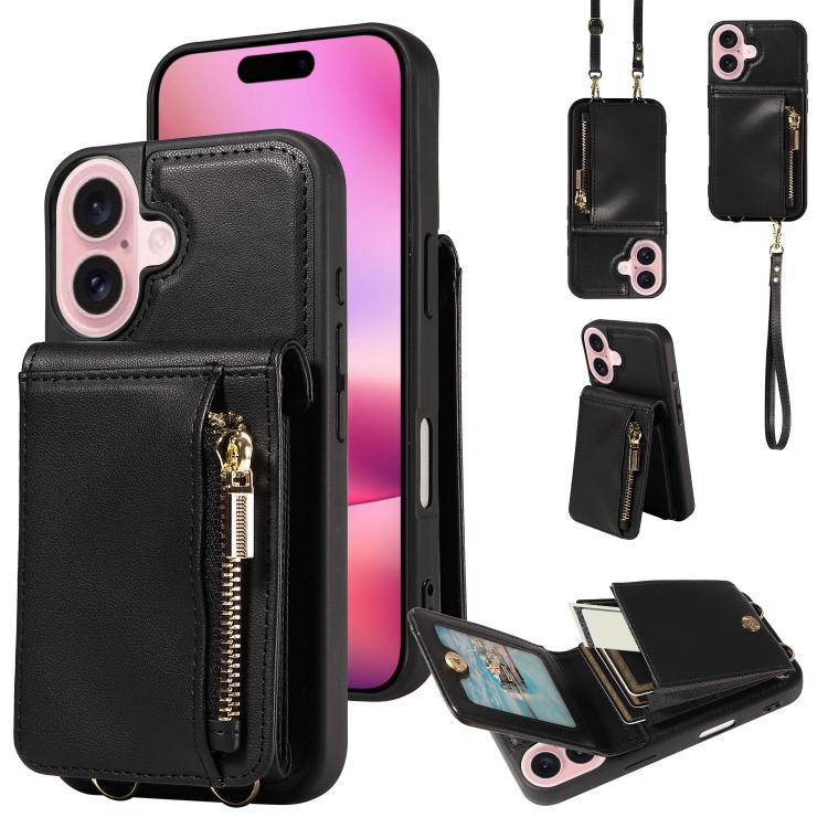 For iPhone 17 Crossbody Lanyard Zipper Wallet Leather Phone Case(Black)