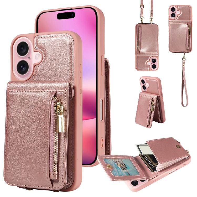 For iPhone 17 Crossbody Lanyard Zipper Wallet Leather Phone Case(Rose Gold)