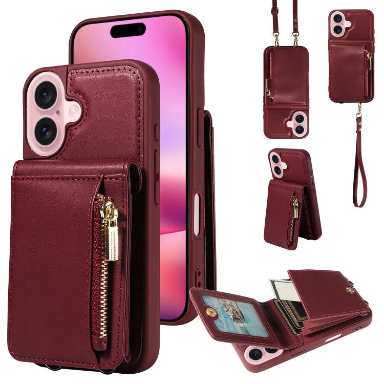 For iPhone 17 Crossbody Lanyard Zipper Wallet Leather Phone Case(Wine Red)