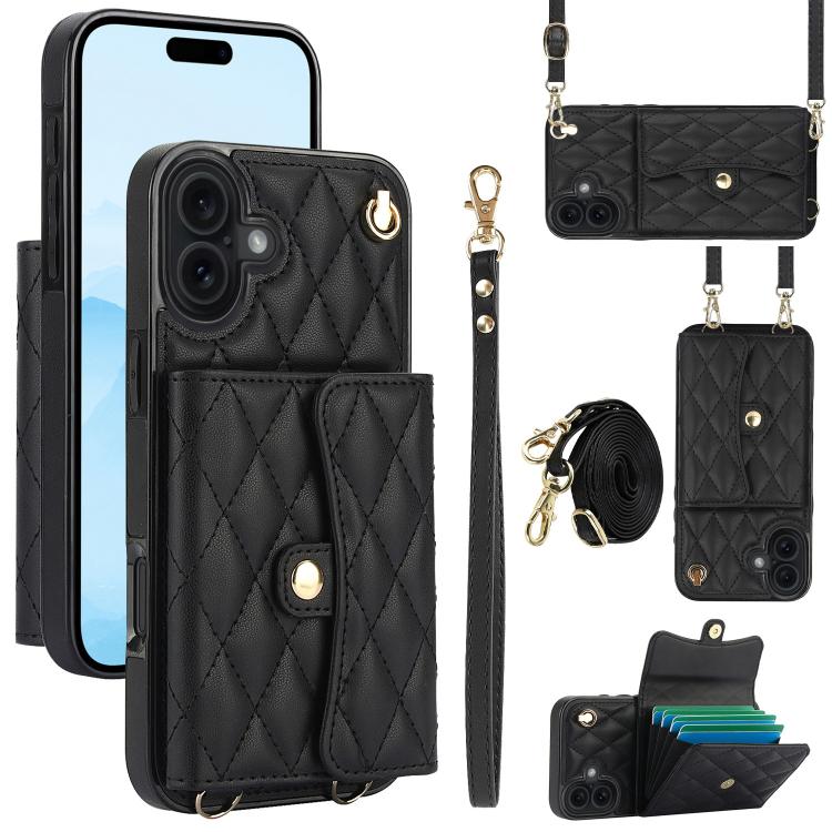For iPhone 17 Crossbody Rhombic Horizontal Wallet Leather Phone Case(Black)