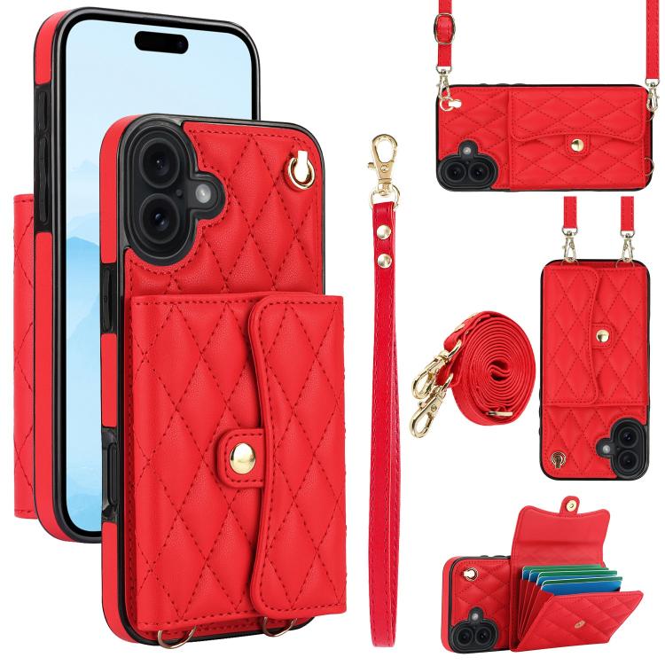 For iPhone 17 Crossbody Rhombic Horizontal Wallet Leather Phone Case(Red)