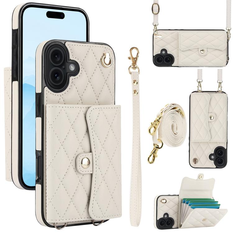 For iPhone 17 Crossbody Rhombic Horizontal Wallet Leather Phone Case(White)