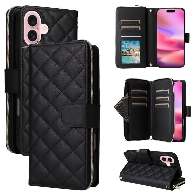 For iPhone 17 Crossbody Rhombic Zipper Tower Buckle Leather Phone Case with Lanyard(Black)