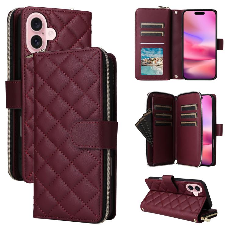 For iPhone 17 Crossbody Rhombic Zipper Tower Buckle Leather Phone Case with Lanyard(Wine Red)
