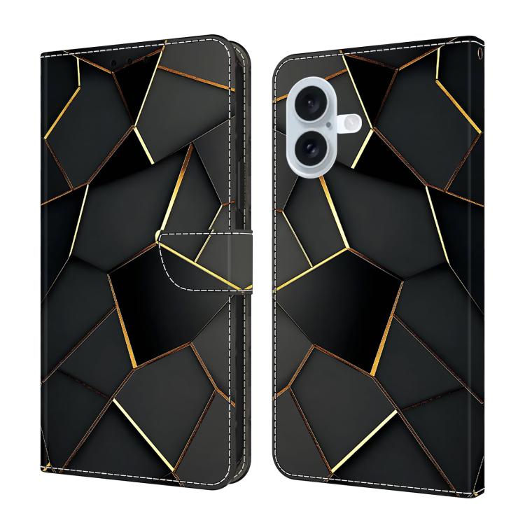 For iPhone 17 Crystal-Like Painted Vegan Leather Phone Case(Black Gold Geometric)
