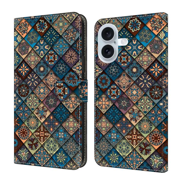 For iPhone 17 Crystal-Like Painted Vegan Leather Phone Case(Blue Flower)