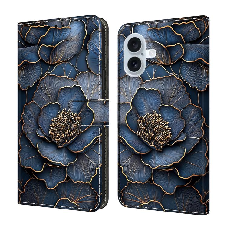 For iPhone 17 Crystal-Like Painted Vegan Leather Phone Case(Blue Gold Peony)