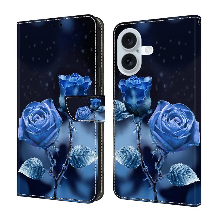 For iPhone 17 Crystal-Like Painted Vegan Leather Phone Case(Blue Rose)