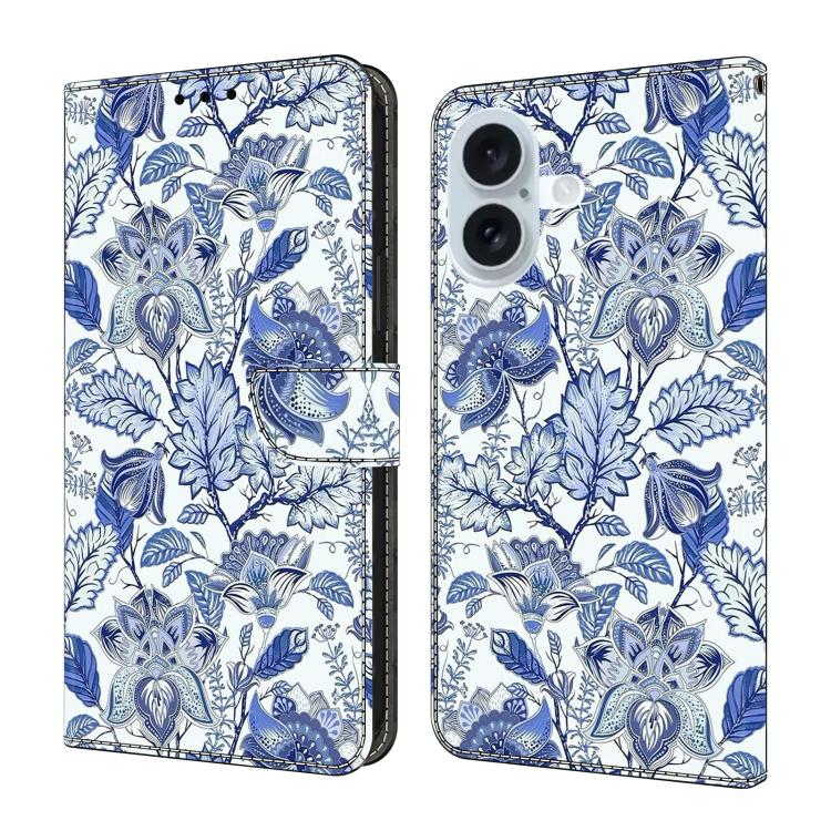 For iPhone 17 Crystal-Like Painted Vegan Leather Phone Case(Cluster of Blue Flowers)
