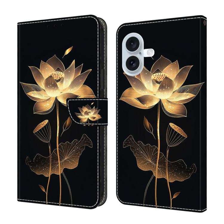 For iPhone 17 Crystal-Like Painted Vegan Leather Phone Case(Golden Thread Lotus)