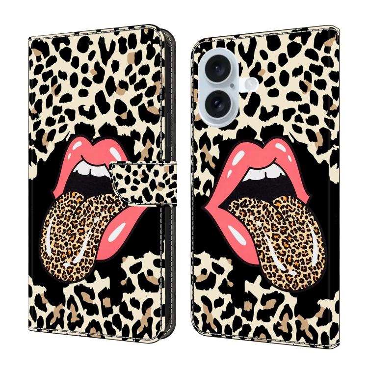 For iPhone 17 Crystal-Like Painted Vegan Leather Phone Case(Leopard-print Tongue)