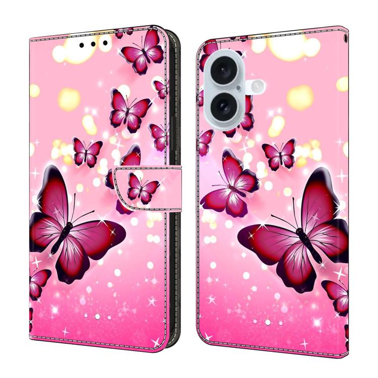 For iPhone 17 Crystal-Like Painted Vegan Leather Phone Case(Pink Butterfly)
