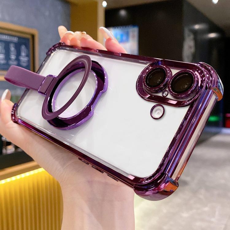 For iPhone 17 Crystal Shield Ring Holde TPU + Acrylic Magnetic Phone Case(Purple)