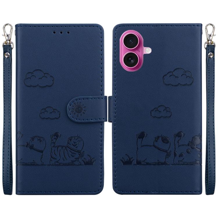 For iPhone 17 Cute Cats RFID Leather Phone Case(Blue)